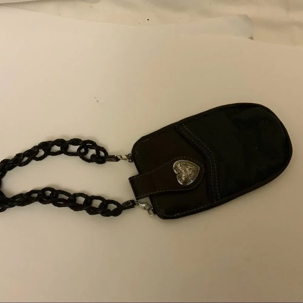 Vintage Brighton Cell Phone Carry Case Braided Strap Black & Brown Leather